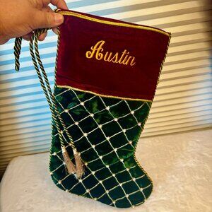 Christmas Stocking Green Velvet Red Cuff Gold Beading Gold Tassel